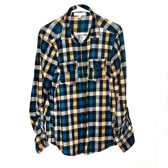 Eden & Olivia Plaid Flannel Blue Orange Button Up Buttons At cuff Shirt Size L - Picture 1 of 7